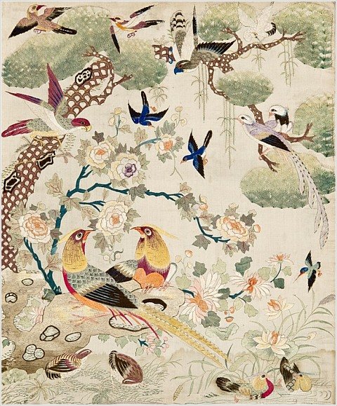 Motyle, nietoperze, żurawie i kwiaty - haft