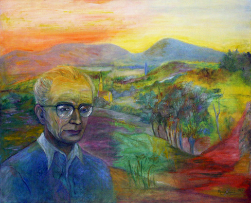 Portret Gustawa Morcinka na tle panoramy Skoczowa